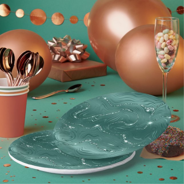 Emerald Green Glitzy Marble Christmas Paper Plate (Multi)