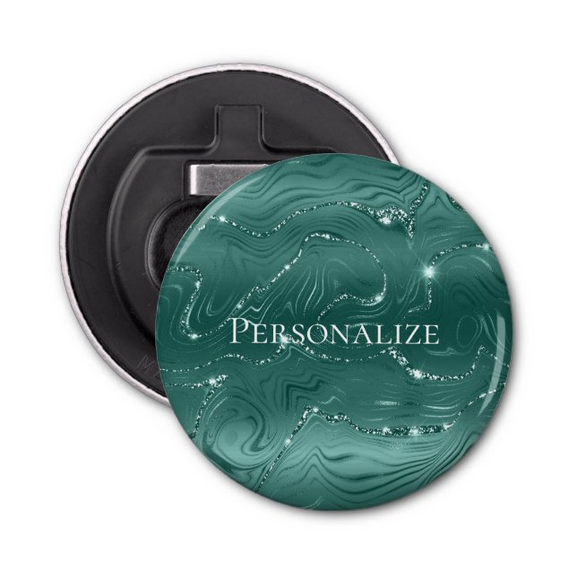 Emerald Green Glitzy Marble Personalised Bottle Opener (Front)