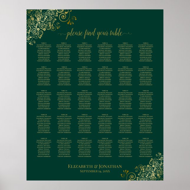 Emerald Green Gold 30 Table Wedding Seating Chart (Front)