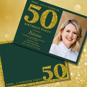 Emerald Green & Gold 50th Surprise Birthday Photo  Invitation