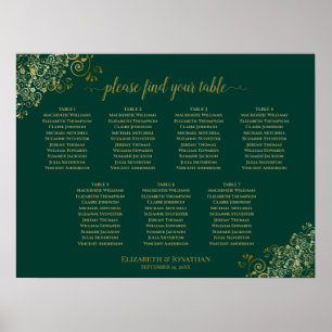 Emerald Green & Gold 7 Table Wedding Seating Chart