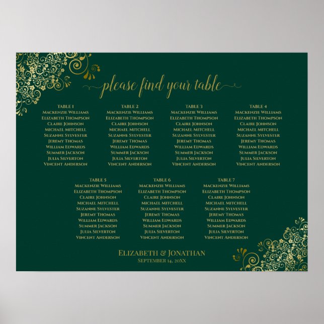 Emerald Green & Gold 7 Table Wedding Seating Chart (Front)
