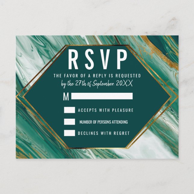 Emerald Green Gold Abstract Agate Marble RSVP Invitation Postcard (Front)