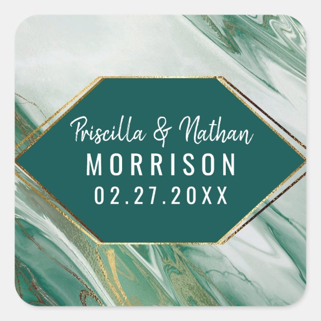 Emerald Green Gold Abstract Agate Marble Wedding Square Sticker (Front)