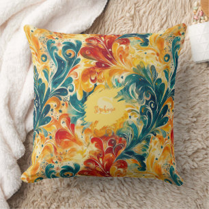 Emerald Green & Gold Abstract Paisley Leaves (3) Cushion