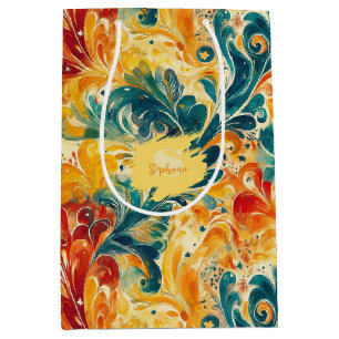 Emerald Green & Gold Abstract Paisley Leaves (3) Medium Gift Bag