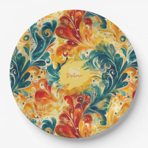 Emerald Green & Gold Abstract Paisley Leaves (3) Paper Plate