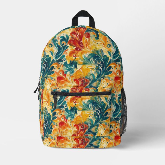 Emerald Green & Gold Abstract Paisley Leaves (3) Printed Backpack (Front)