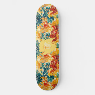 Emerald Green & Gold Abstract Paisley Leaves (3) Skateboard