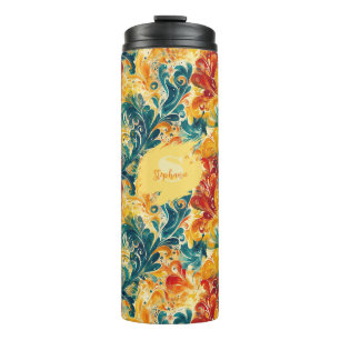 Emerald Green & Gold Abstract Paisley Leaves (3) Thermal Tumbler