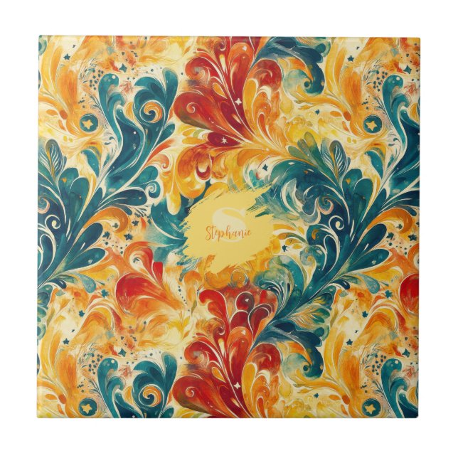Emerald Green & Gold Abstract Paisley Leaves (3) Tile (Front)