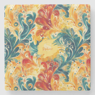 Emerald Green & Gold Abstract Paisley Leaves Stone Coaster