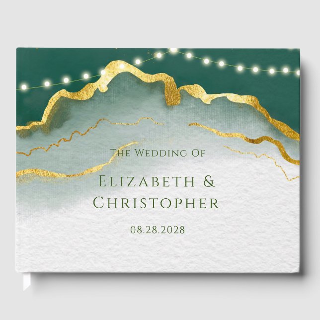 Emerald Green Gold Agate and Lights Wedding Guest Book (Front)