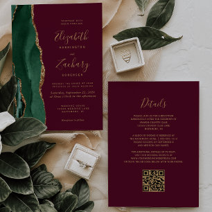 Emerald Green Gold Agate Burgundy QR Code Wedding Invitation