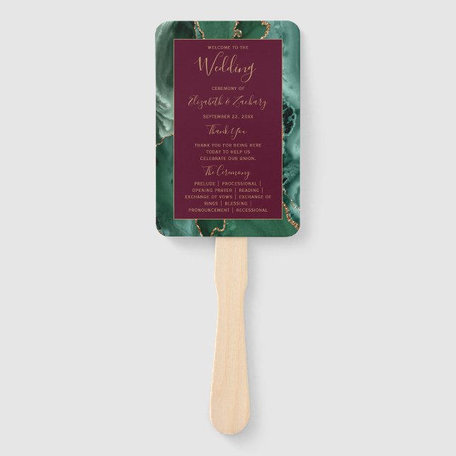 Emerald Green Gold Agate Burgundy Wedding Program Hand Fan (Front)