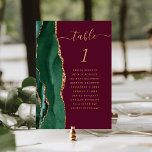 Emerald Green Gold Agate Burgundy Wedding Table Number<br><div class="desc">The left-hand edge of this elegant modern wedding table number card features an emerald green watercolor agate border trimmed with faux gold glitter. The word "table" appears in gold-coloured handwriting script on a burgundy background. Add the names of your guests who are assigned to each table.</div>