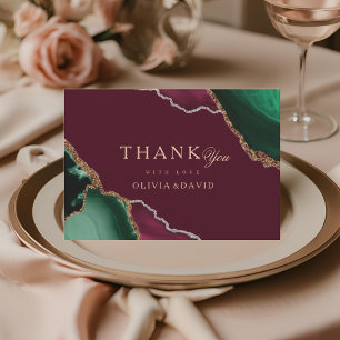 Emerald Green Gold Agate Burgundy Wedding Thank You Card