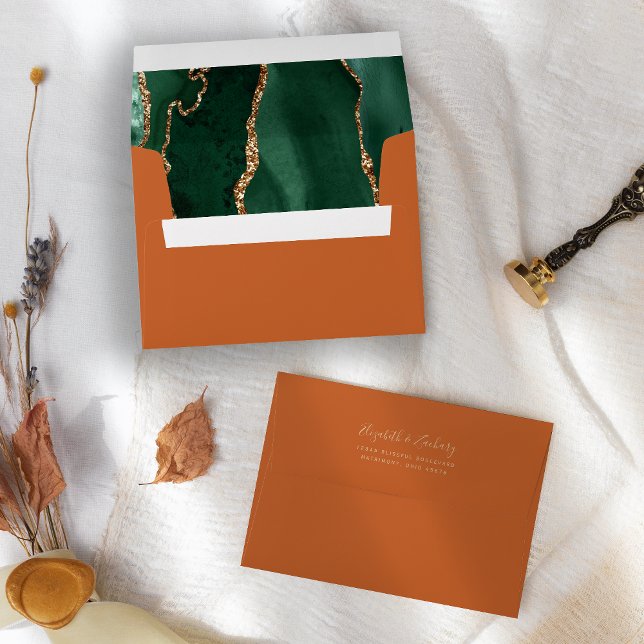 Emerald Green Gold Agate Burnt Orange Wedding Envelope (Creator Uploaded)
