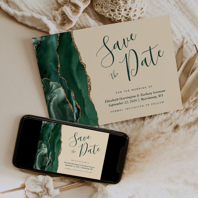 Emerald Green Gold Agate Champagne Save the Date Invitation (Creator Uploaded)