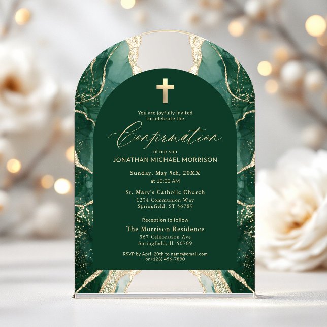 Emerald Green Gold Agate Confirmation Elegant Acrylic Invitations (Creator Uploaded)