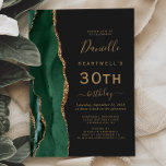 Emerald Green Gold Agate Dark 30th Birthday Party Invitation<br><div class="desc">The left-hand edge of this elegant modern 30th birthday party invitation features an emerald green watercolor agate border trimmed with gold faux glitter. The customisable text combines gold-coloured handwriting,  copperplate and italic fonts on a slate black background. The reverse side features a matching emerald green and gold agate design.</div>
