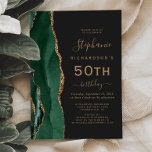 Emerald Green Gold Agate Dark 50th Birthday Party Invitation<br><div class="desc">The left-hand edge of this elegant modern birthday party invitation features an emerald green watercolor agate border trimmed with gold faux glitter. The customisable text combines gold-coloured handwriting,  copperplate and italic fonts on a slate black background. The reverse side features a matching emerald green and gold agate design.</div>