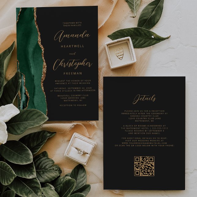 Emerald Green Gold Agate Dark QR Code Wedding Invitation (Creator Uploaded)