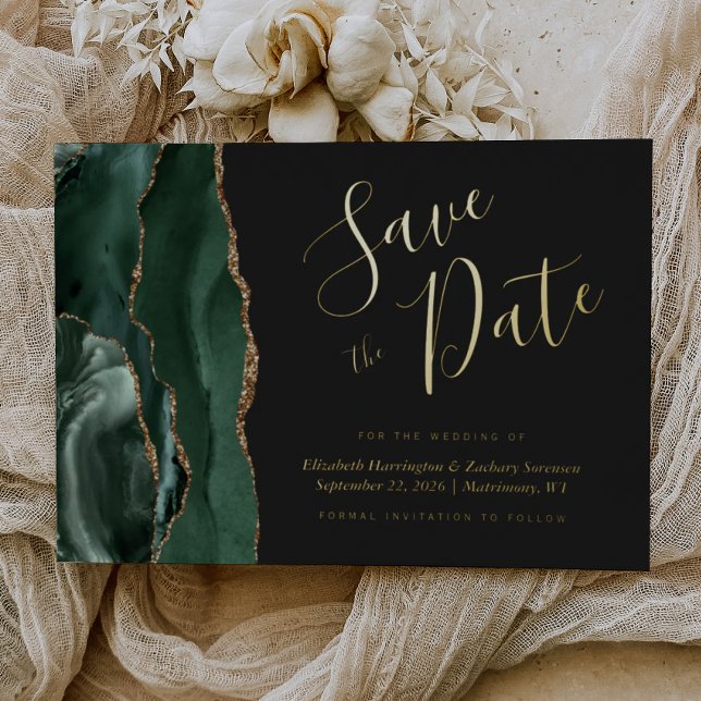 Emerald Green Gold Agate Dark Save the Date (Creator Uploaded)