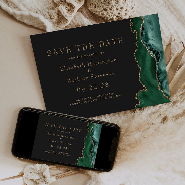 Emerald Green Gold Agate Dark Save the Date Card (Creator Uploaded)