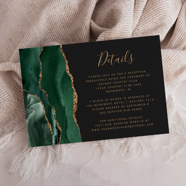 Emerald Green Gold Agate Dark Wedding Details Enclosure Card (Creator Uploaded)