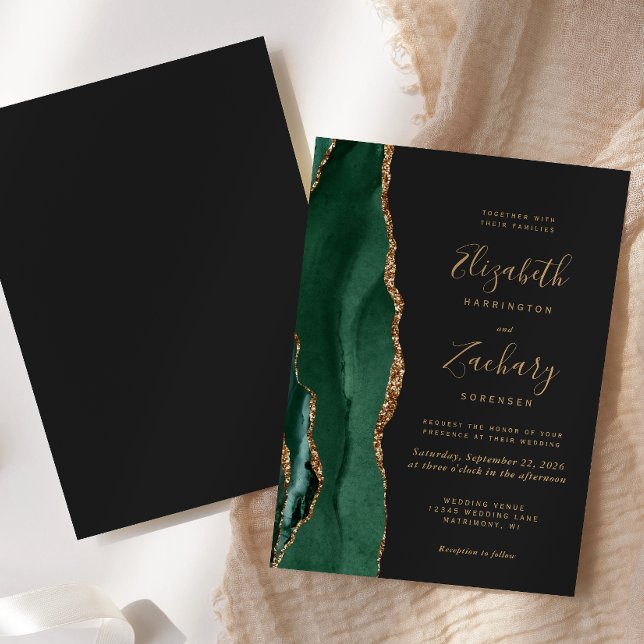 Emerald Green Gold Agate Dark Wedding Invitation (Creator Uploaded)
