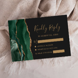 Emerald Green Gold Agate Dark Wedding RSVP Card