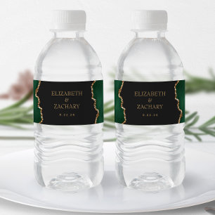 Emerald Green Gold Agate Dark Wedding Water Bottle Label