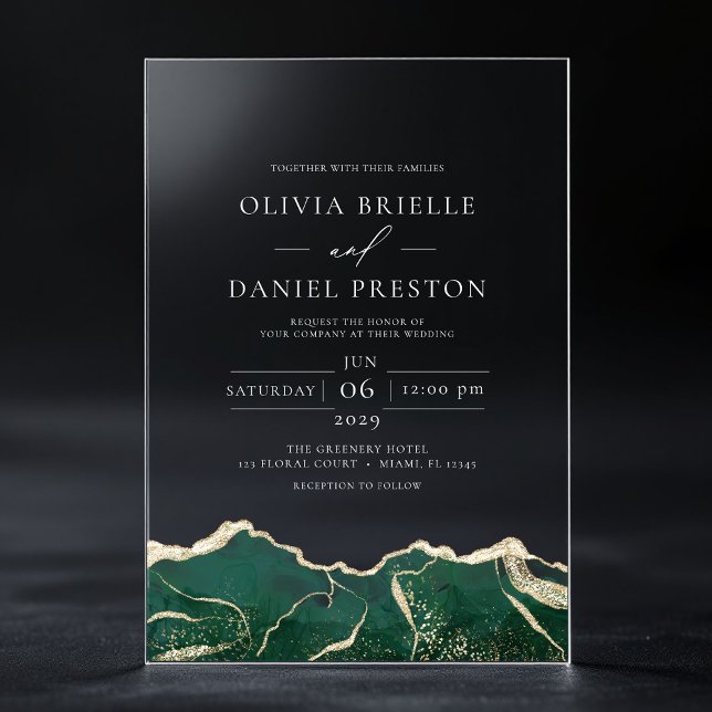 Emerald Green Gold Agate Elegant Modern Wedding Acrylic Invitations (Creator Uploaded)