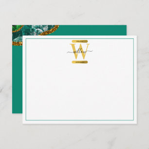 Emerald Green & Gold Agate Geode Glitter Monogram Card