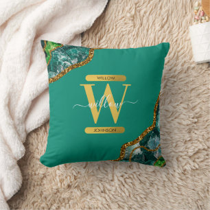 Emerald Green & Gold Agate Geode Glitter Monogram Cushion