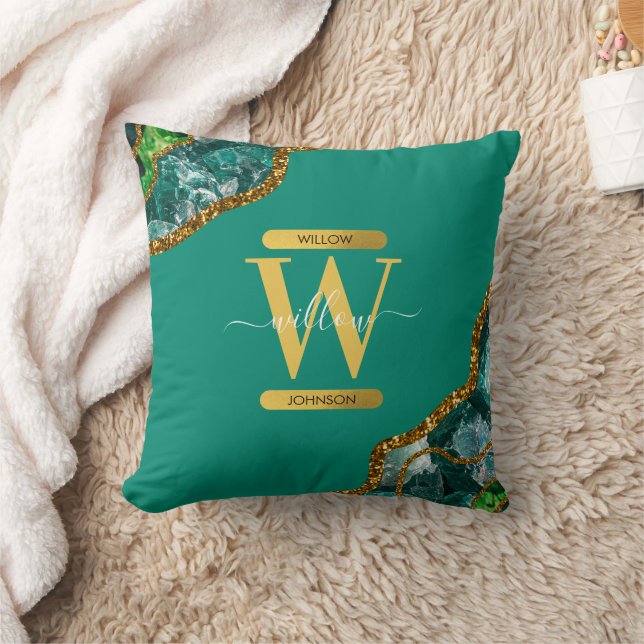 Emerald Green & Gold Agate Geode Glitter Monogram Cushion (Blanket)