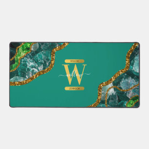 Emerald Green & Gold Agate Geode Glitter Monogram Desk Mat