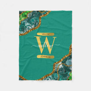 Emerald Green & Gold Agate Geode Glitter Monogram Fleece Blanket