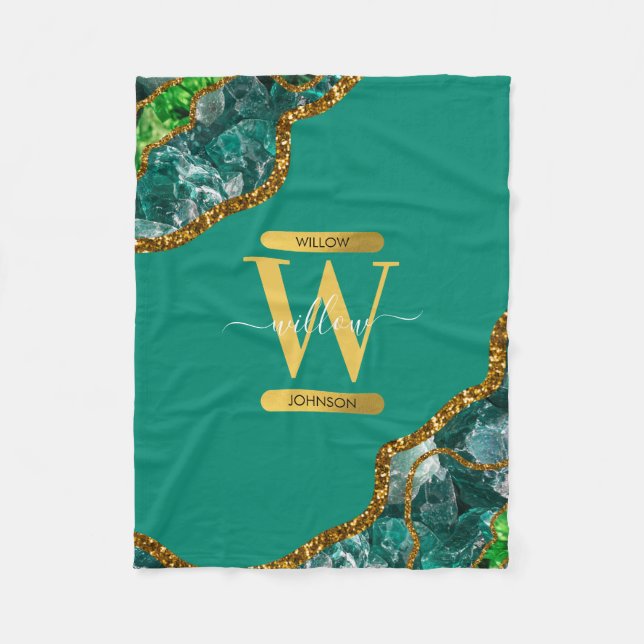 Emerald Green & Gold Agate Geode Glitter Monogram Fleece Blanket (Front)