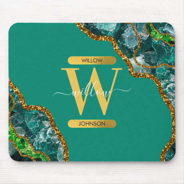 Emerald Green & Gold Agate Geode Glitter Monogram Mouse Mat (Front)