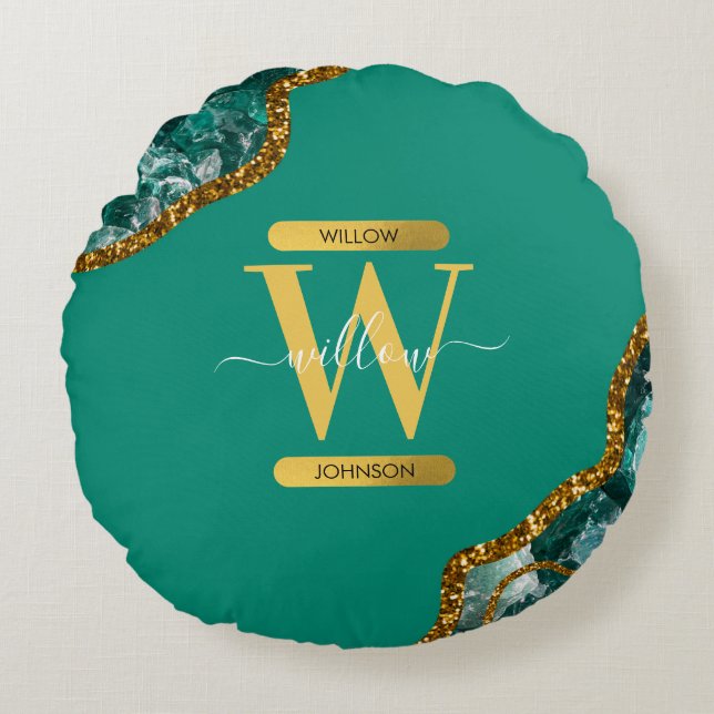 Emerald Green & Gold Agate Geode Glitter Monogram Round Cushion (Front)