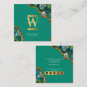 Emerald Green & Gold Agate Geode Glitter Monogram Square Business Card