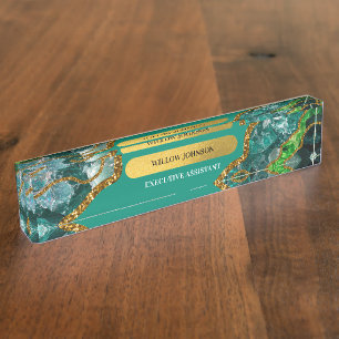 Emerald Green & Gold Agate Geode Glitter Nameplate