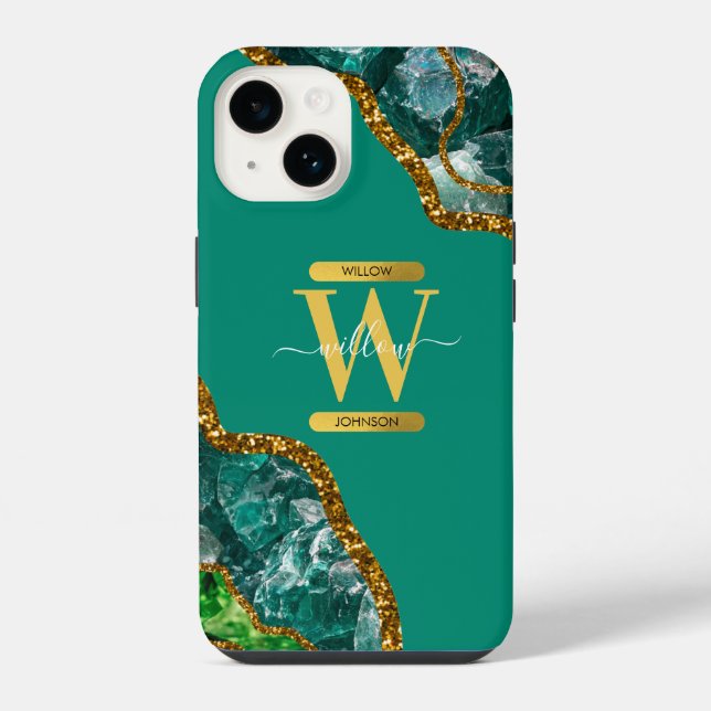 Emerald Green & Gold Agate Geode Monogram iPhone Case (Back)