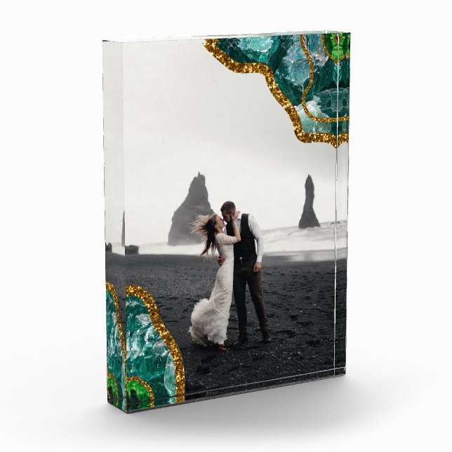 Emerald Green Gold Agate Geode Wedding Photo Block (Left)