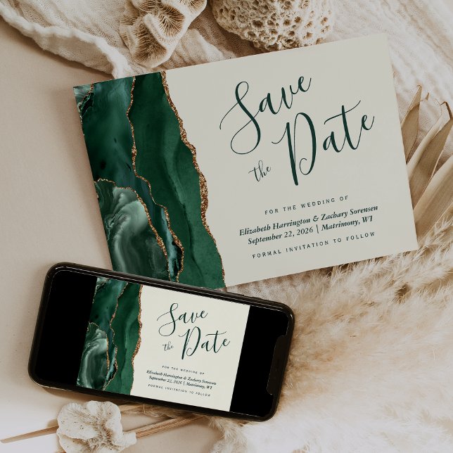 Emerald Green Gold Agate Ivory Save the Date Card (Creator Uploaded)