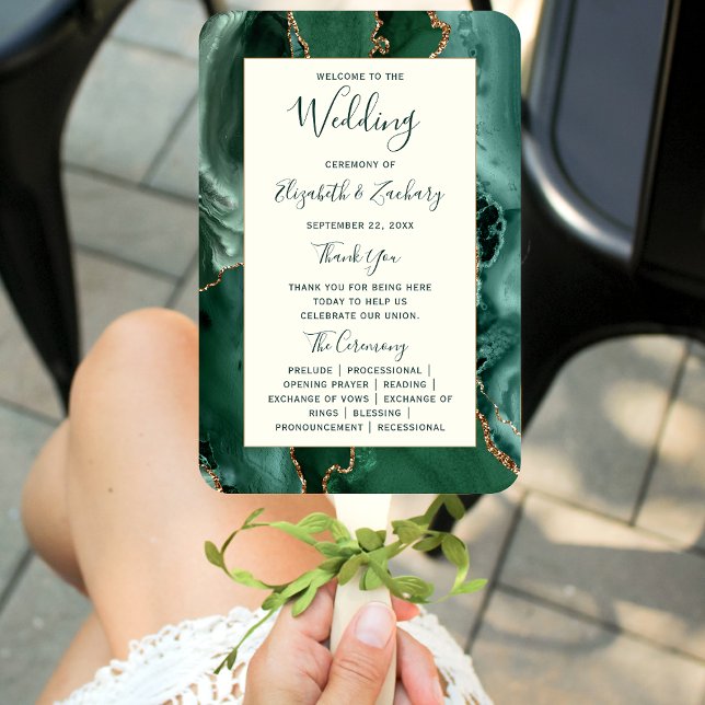 Emerald Green Gold Agate Ivory Wedding Program Hand Fan (Creator Uploaded)