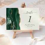 Emerald Green Gold Agate Ivory Wedding Table Number<br><div class="desc">The left-hand edge of this elegant modern wedding table number card features an emerald green watercolor agate border trimmed with faux gold glitter. The customisable text combines green handwriting,  italic and copperplate fonts on an ivory background.</div>