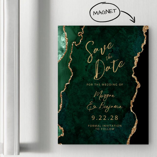 Emerald Green Gold Agate Magnetic Save the Date (Creator Uploaded)